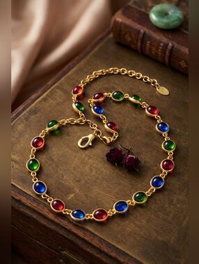 Gold-Tone Multi-Color Cabochon Necklace - Red, Blue & Green